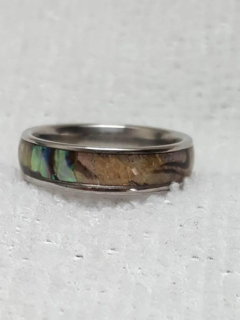 Silver Iridescent Abalone Inlay Ring - Green & Purple Hues